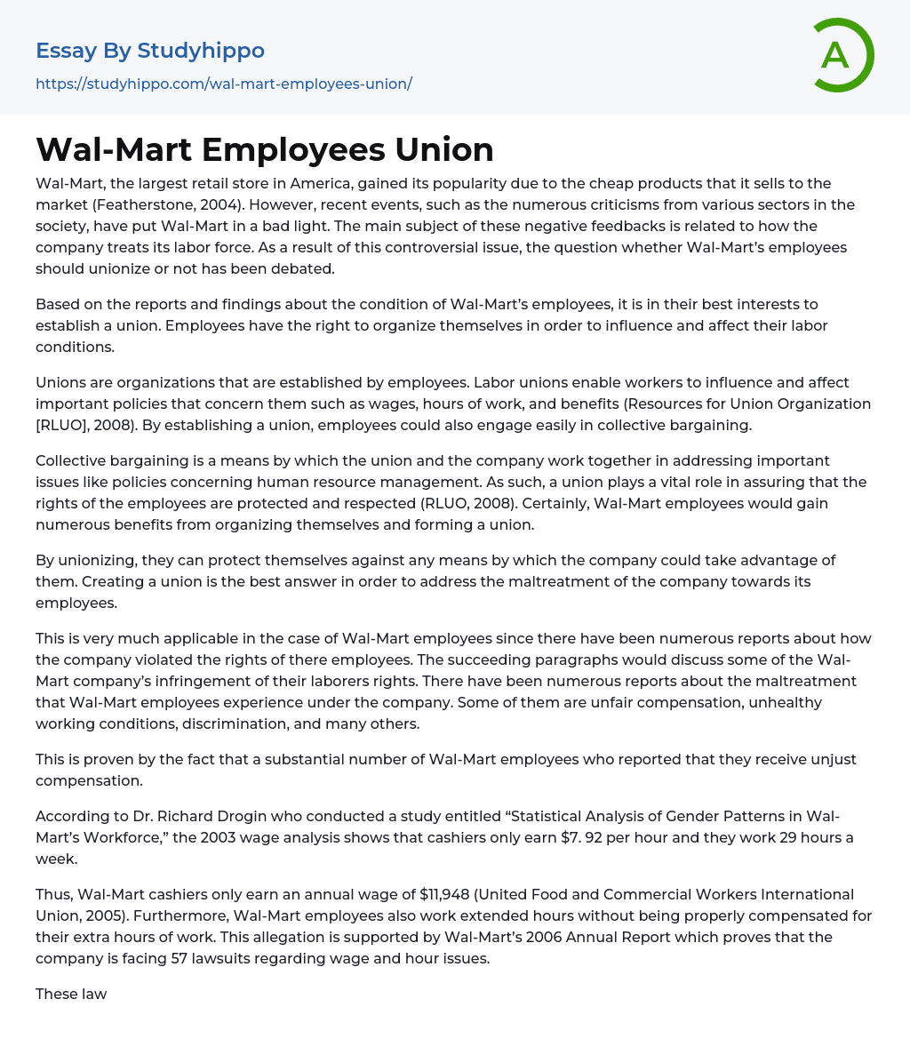 Wal-Mart Employees Union Essay Example