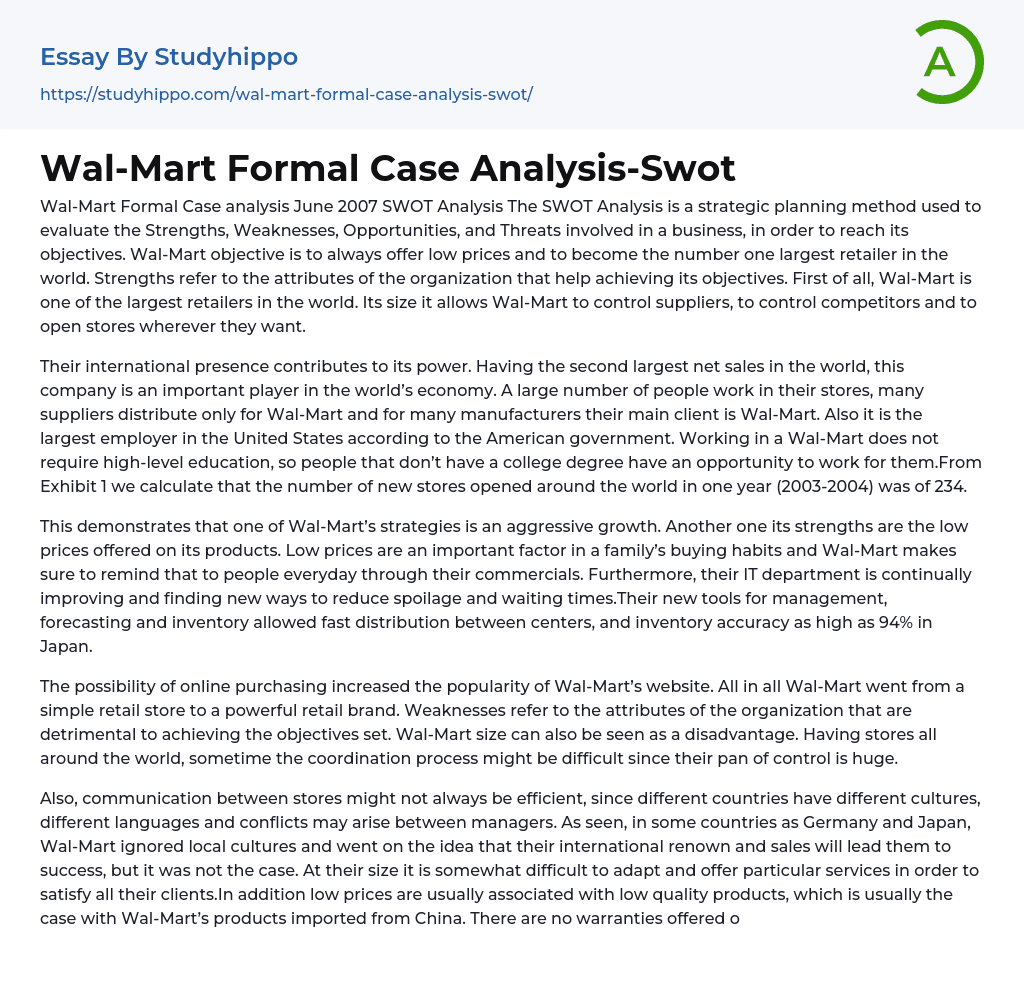 Wal-Mart Formal Case Analysis-Swot Essay Example