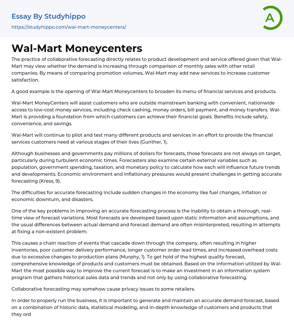 Wal-Mart Moneycenters Essay Example