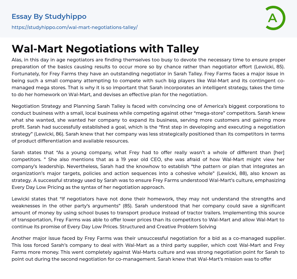 Wal-Mart Negotiations with Talley Essay Example