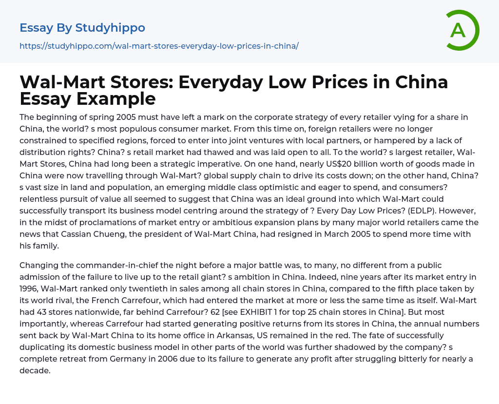 Wal-Mart Stores: Everyday Low Prices in China Essay Example
