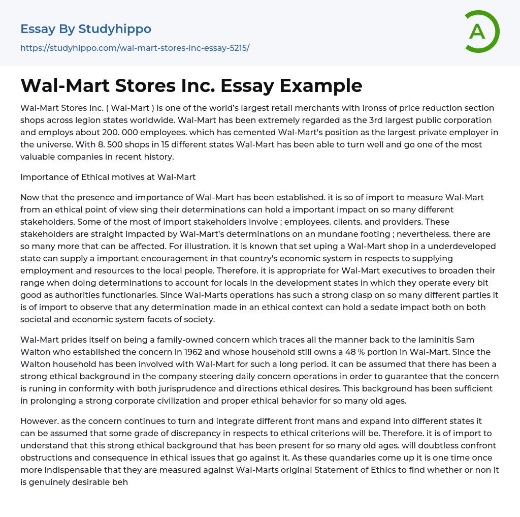 Wal-Mart Stores Inc. Essay Example