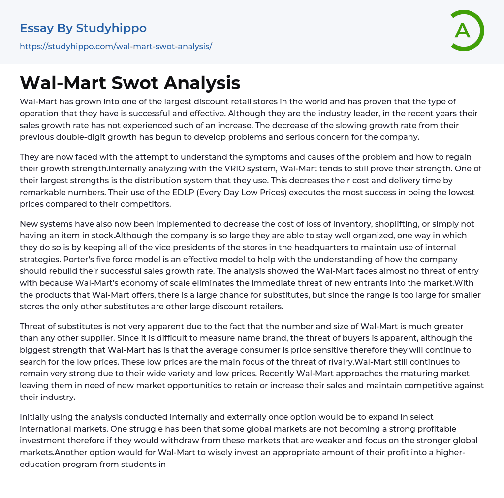 Wal-Mart Swot Analysis Essay Example