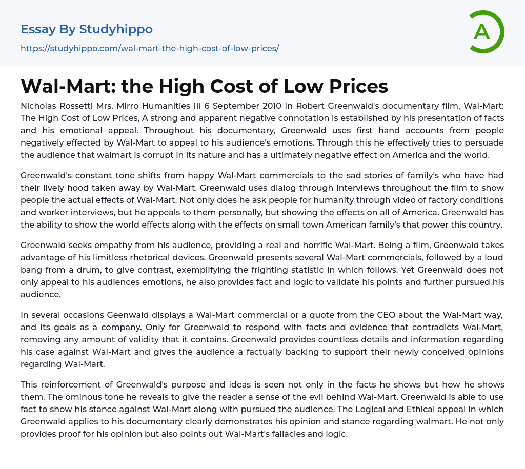 “Wal-Mart: the High Cost of Low Prices” Essay Example