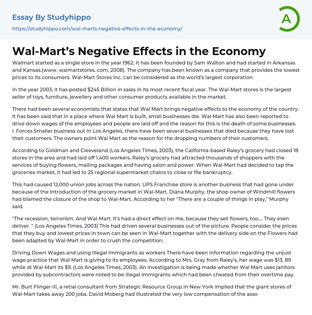Wal-Mart’s Negative Effects in the Economy Essay Example