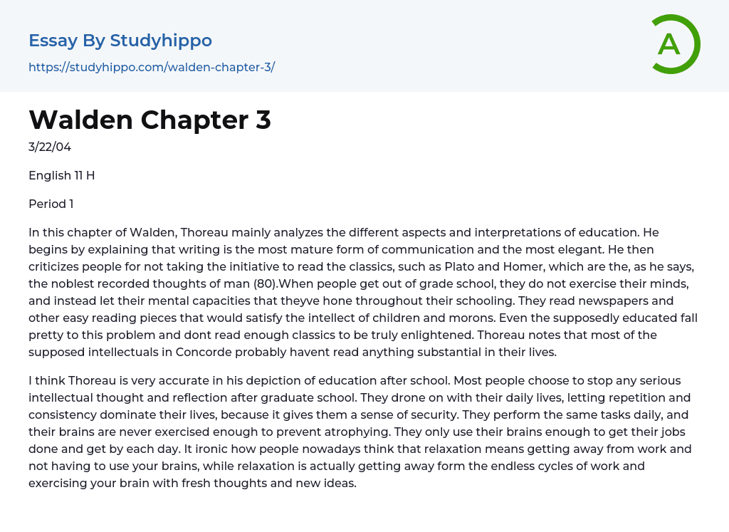 English Chapter 3 of Walden, Thoreau Essay Example