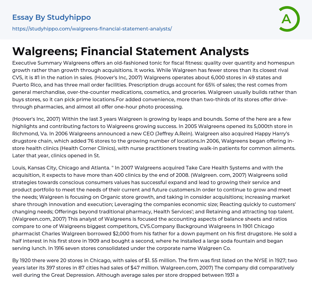 Walgreens; Financial Statement Analysts Essay Example