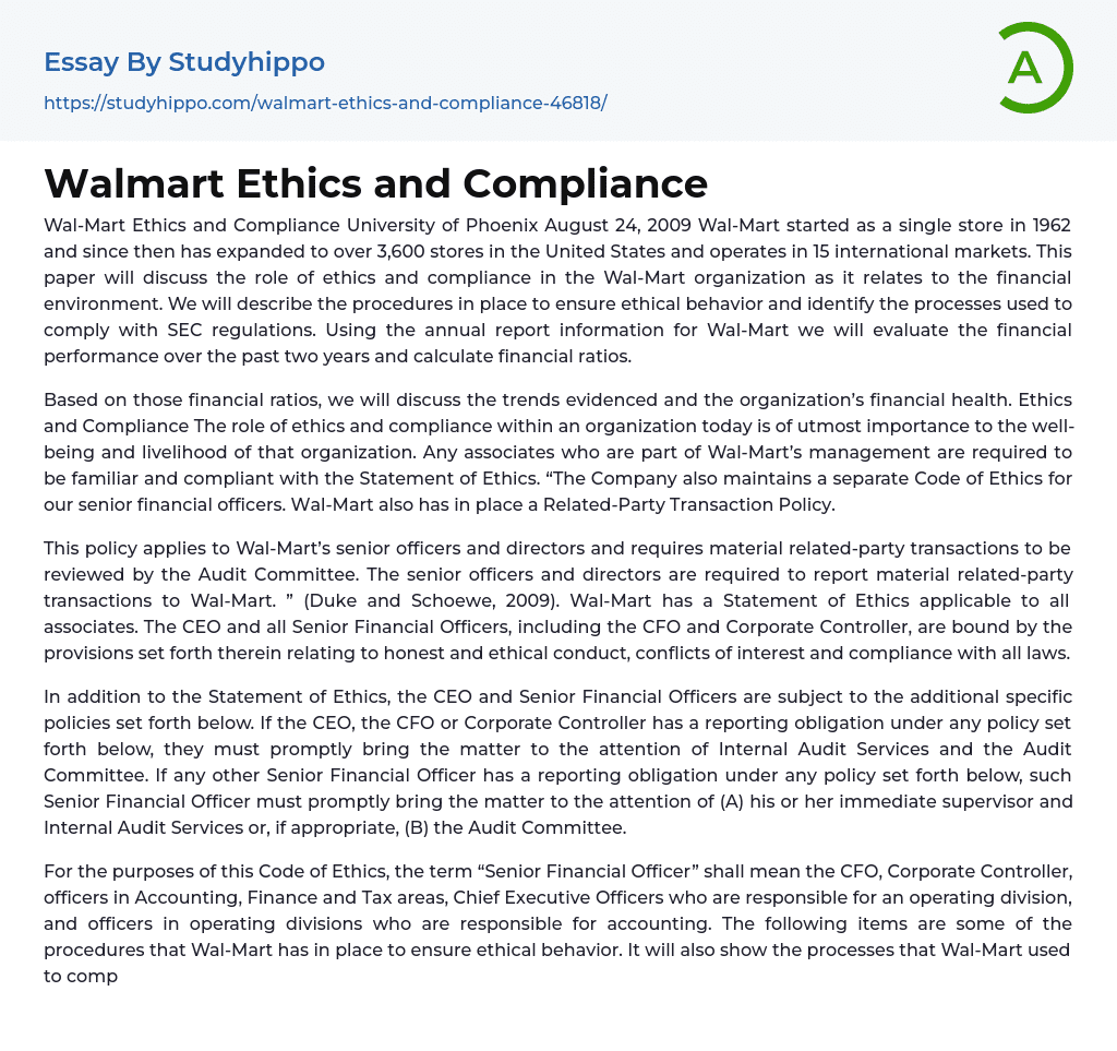 Walmart Ethics and Compliance Essay Example