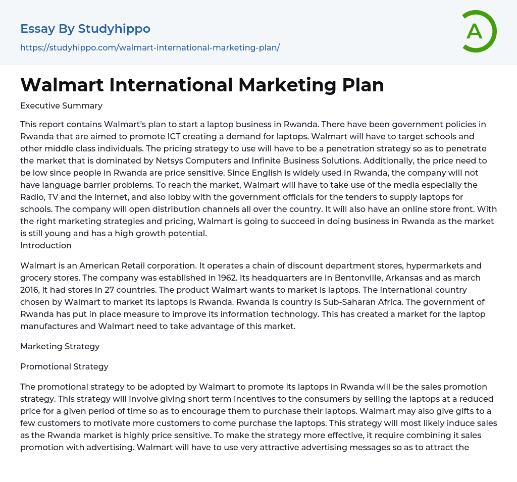 Walmart International Marketing Plan Essay Example