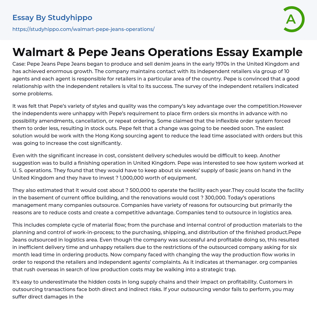Walmart & Pepe Jeans Operations Essay Example