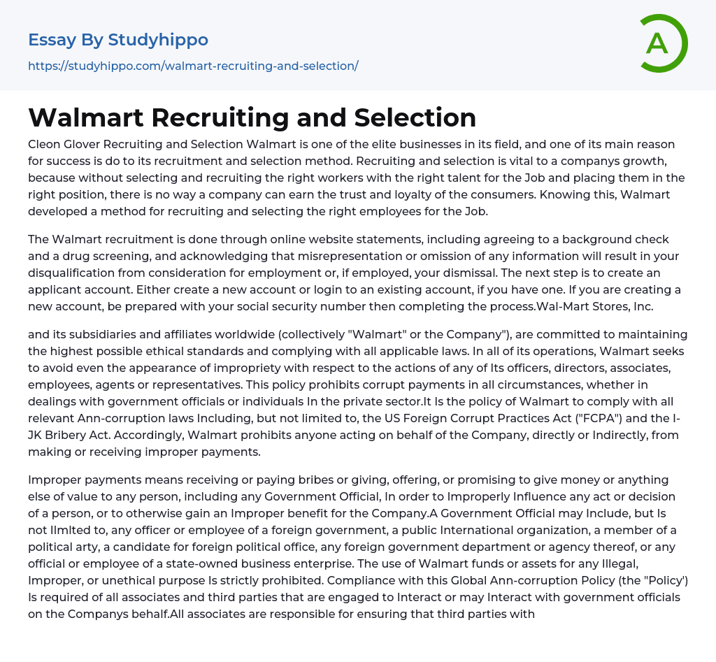 Walmart Recruiting and Selection Essay Example