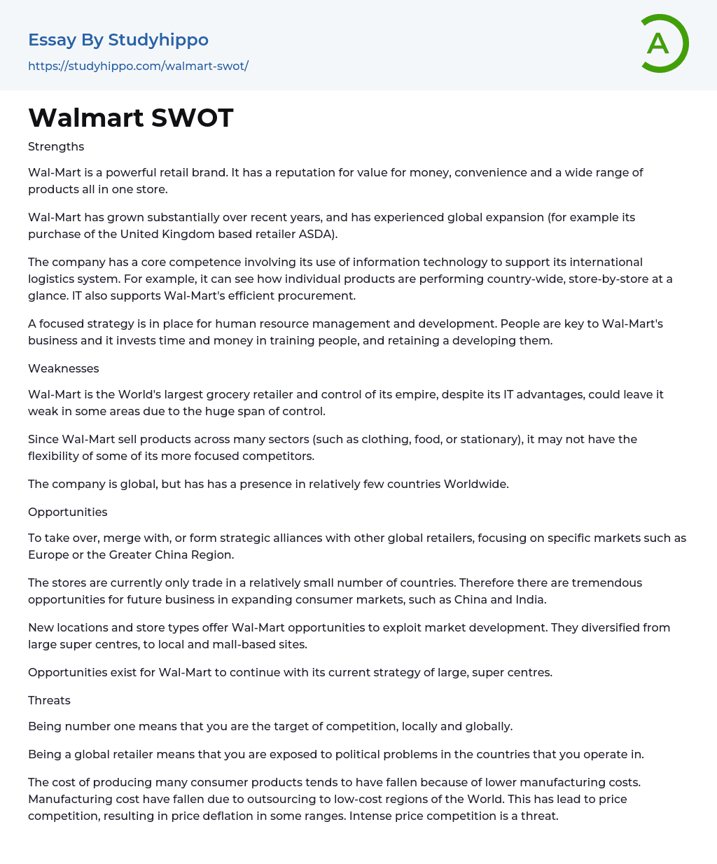 Walmart SWOT Essay Example