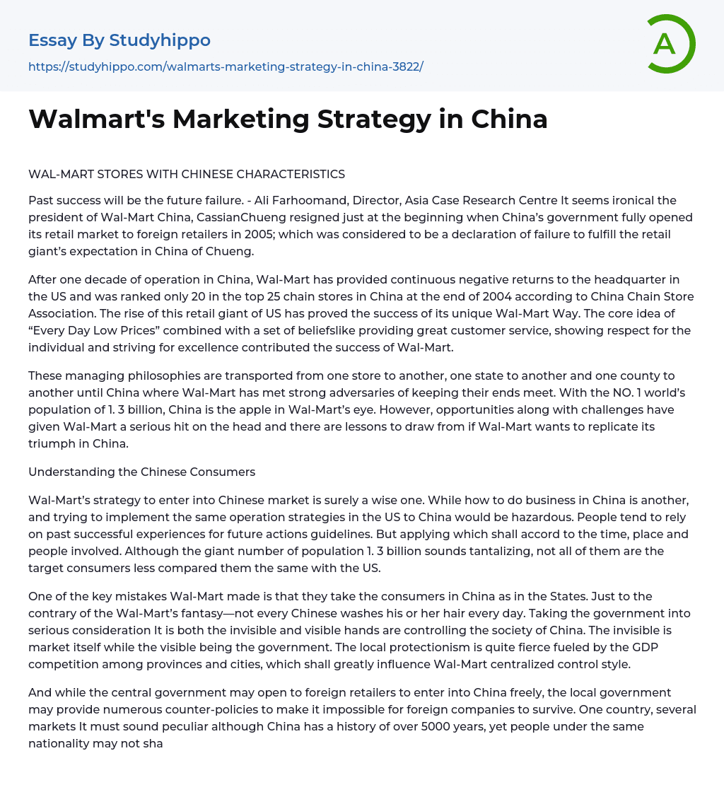 Walmart’s Marketing Strategy in China Essay Example