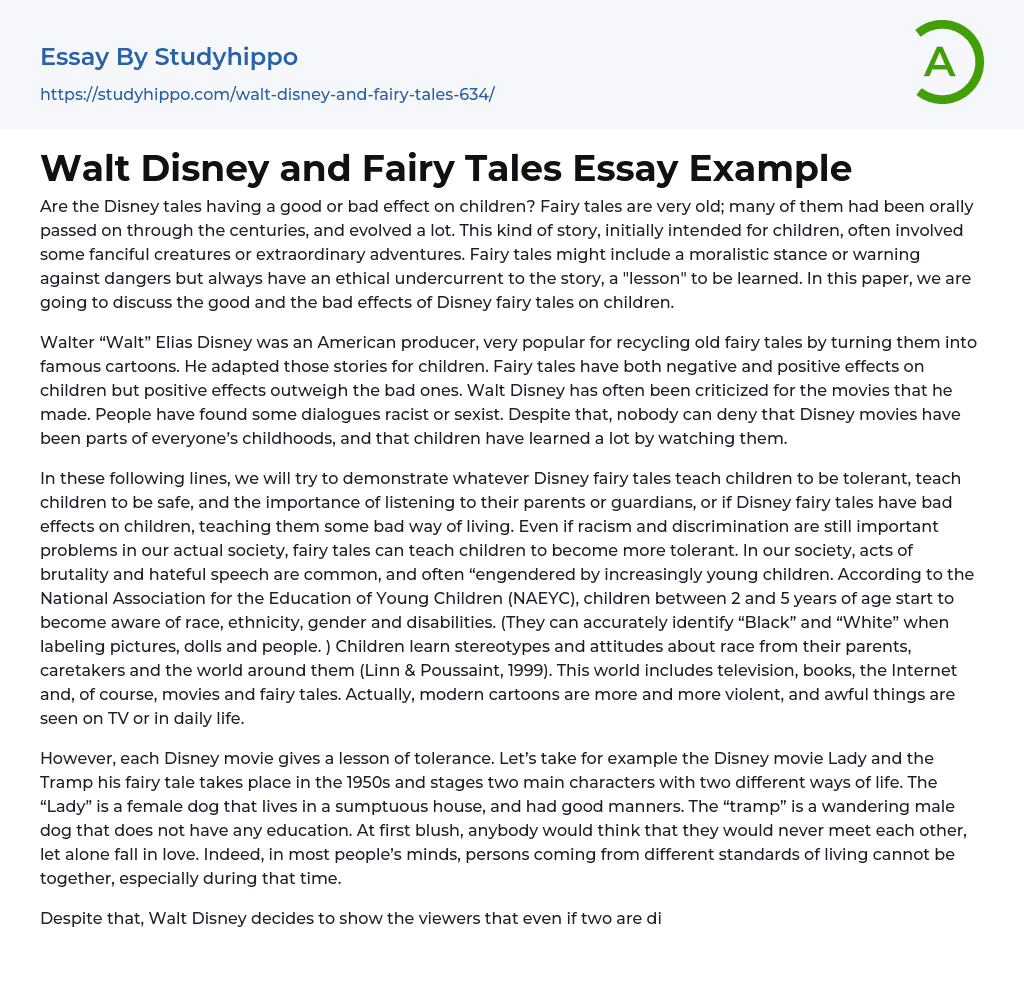 Walt Disney and Fairy Tales Essay Example
