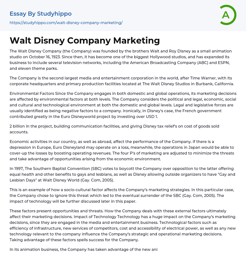 Walt Disney Company Marketing Essay Example