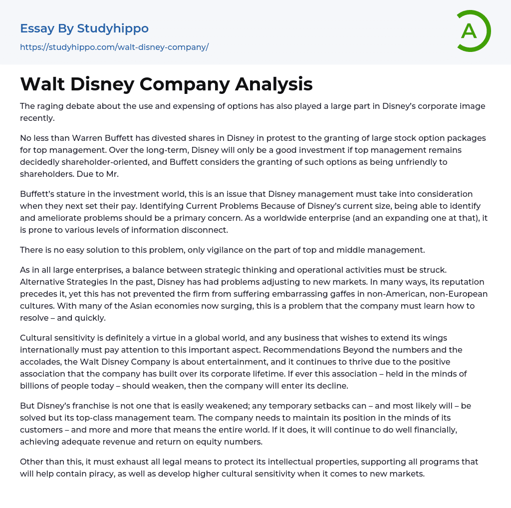 Walt Disney Company Analysis Essay Example