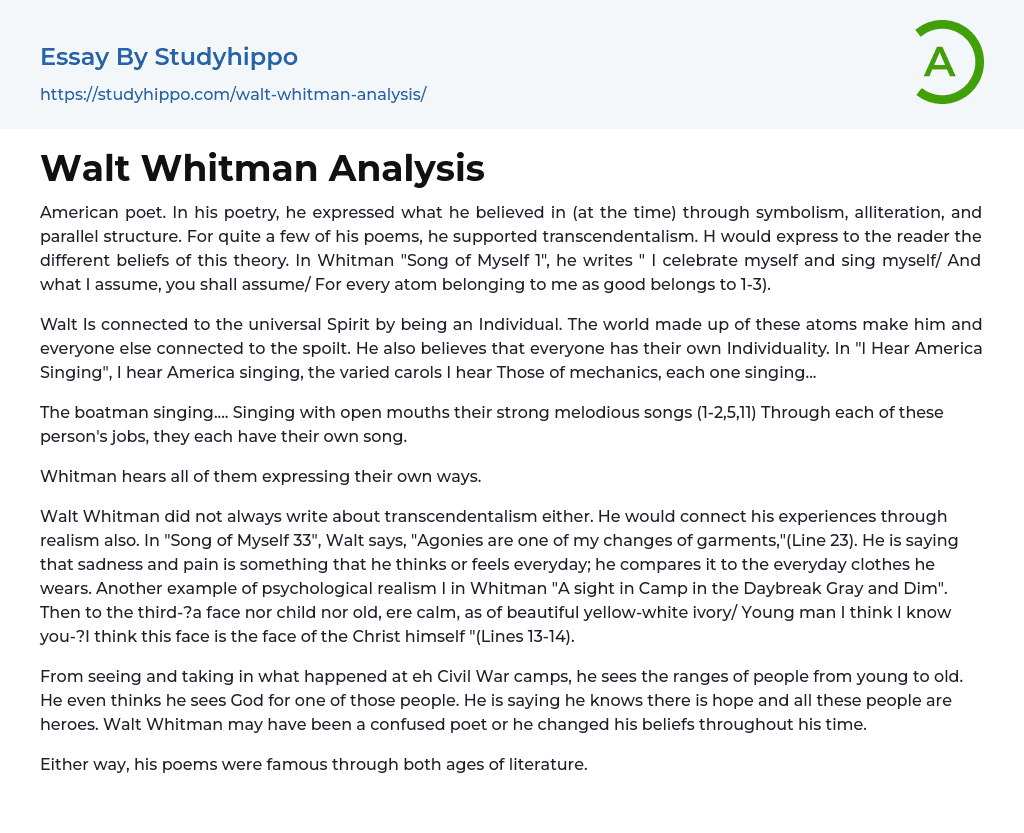 Walt Whitman Analysis Essay Example
