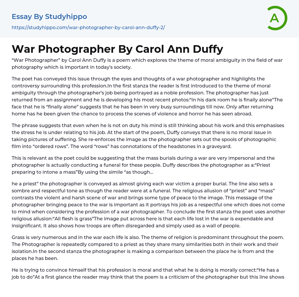 War Photographer By Carol Ann Duffy Essay Example