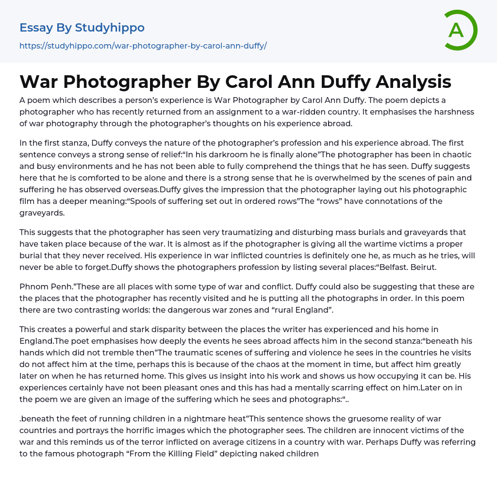 War Photographer By Carol Ann Duffy Analysis Essay Example