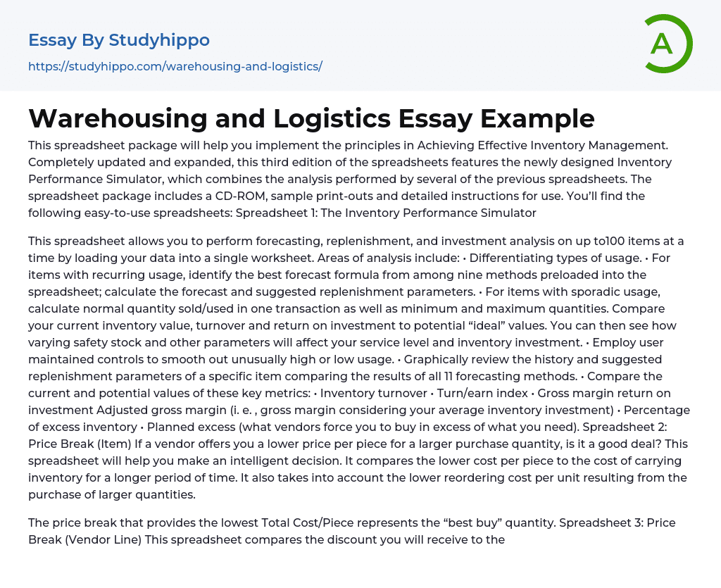 Warehousing and Logistics Essay Example