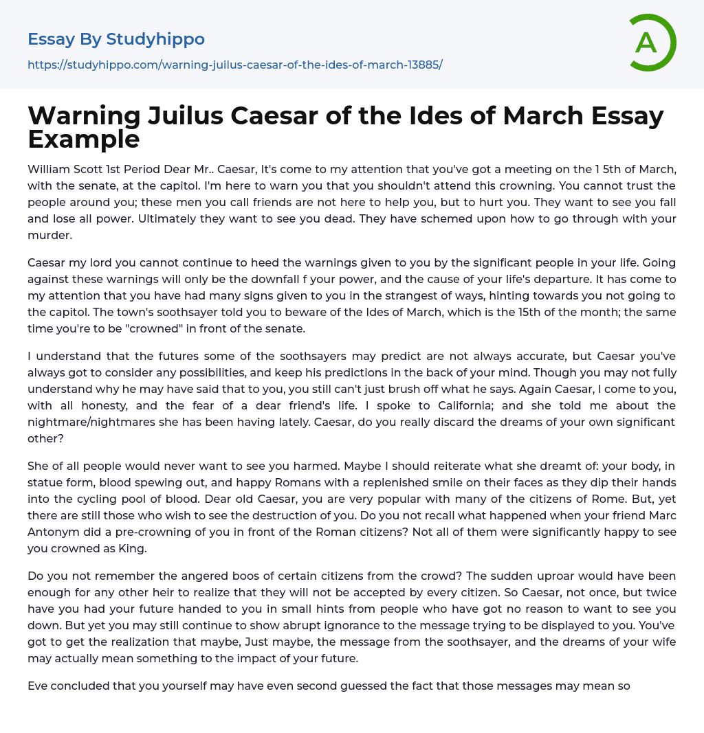 Warning Juilus Caesar of the Ides of March Essay Example