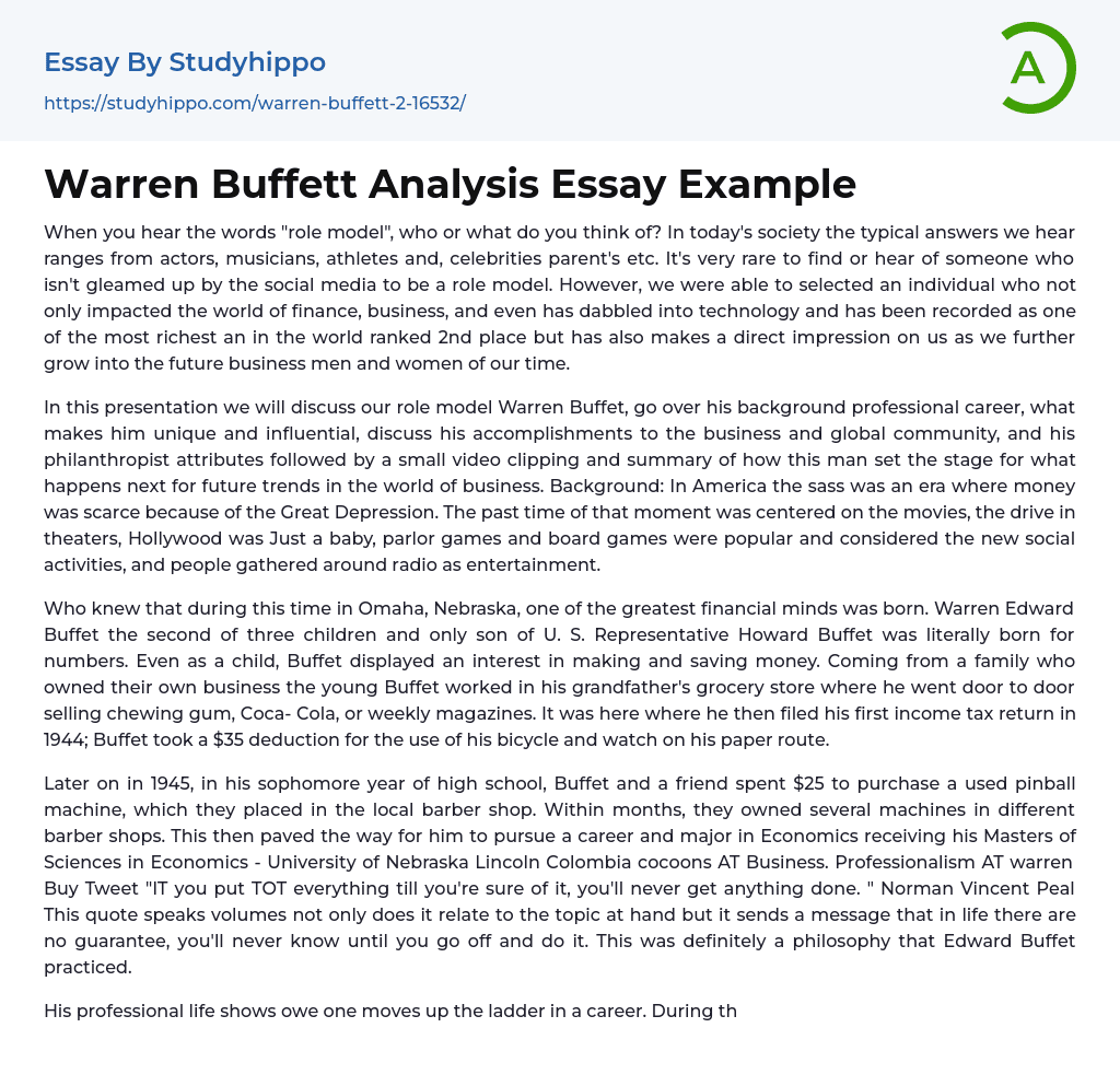 Warren Buffett Analysis Essay Example