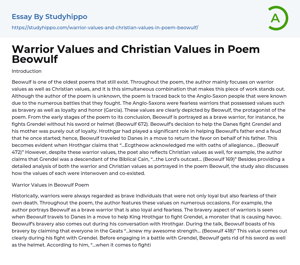 Warrior Values and Christian Values in Poem Beowulf Essay Example