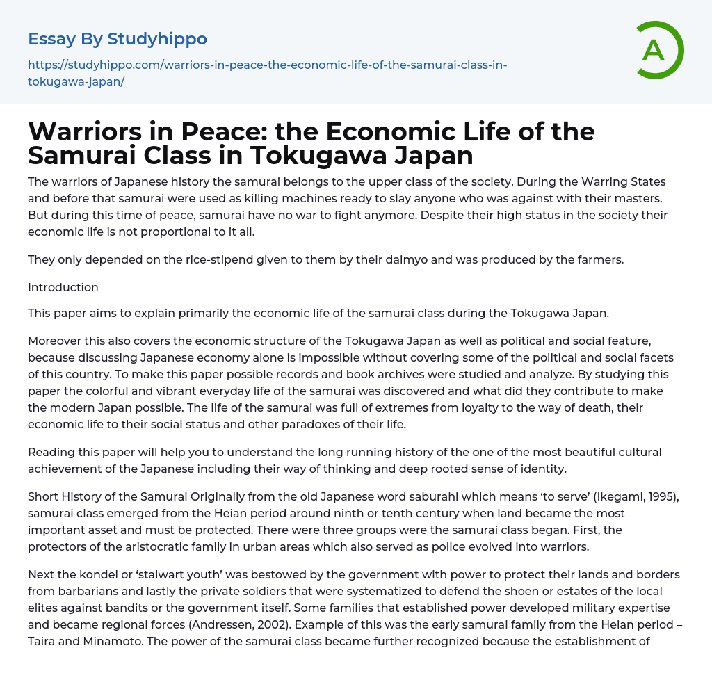 Warriors in Peace: the Economic Life of the Samurai Class in Tokugawa Japan Essay Example