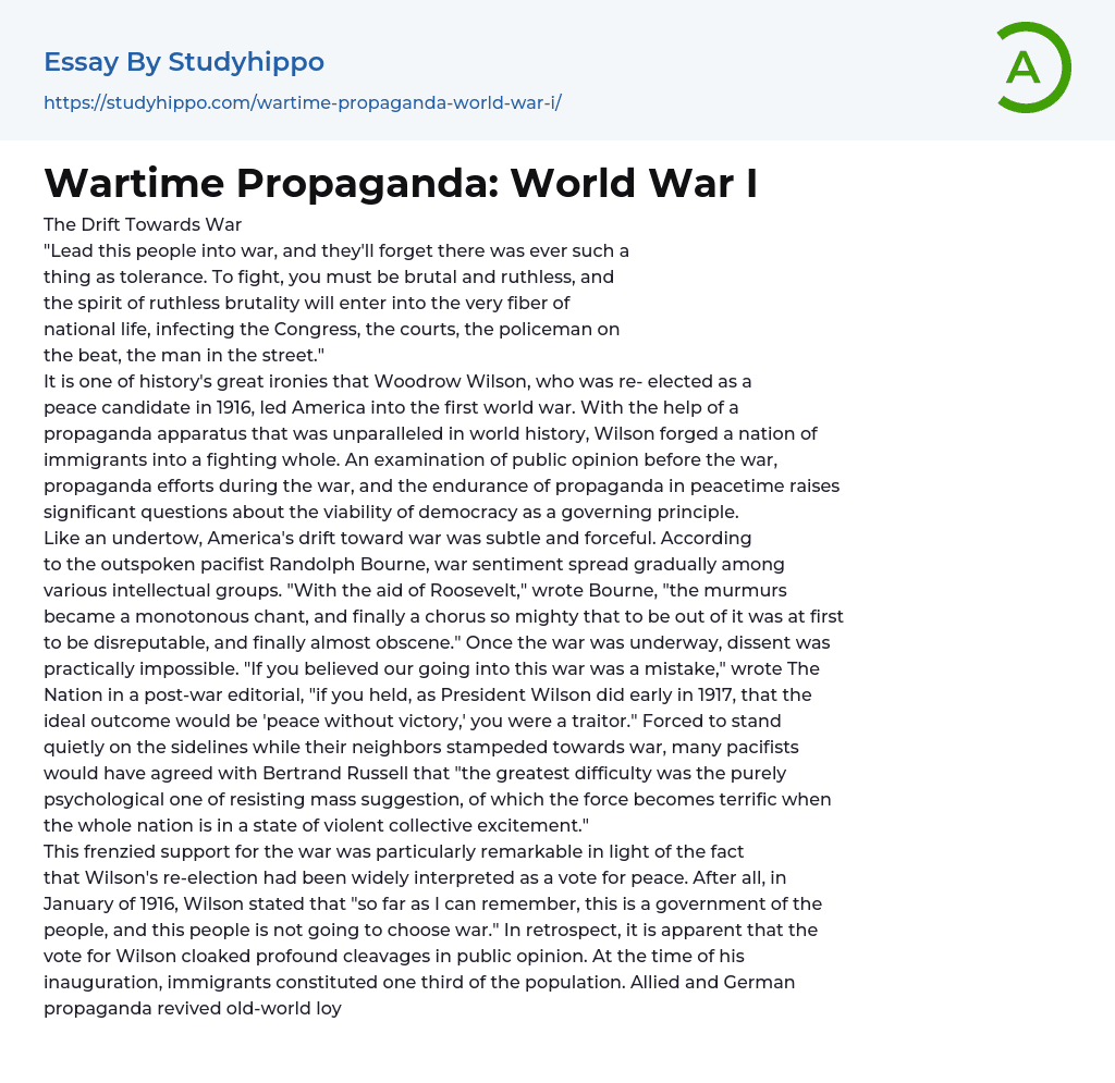 Wartime Propaganda: World War I Essay Example