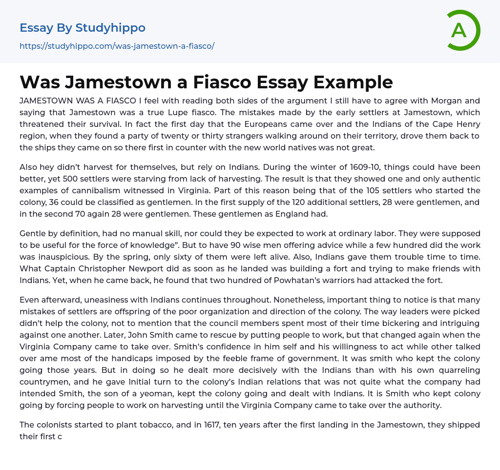 Was Jamestown a Fiasco? Essay Example