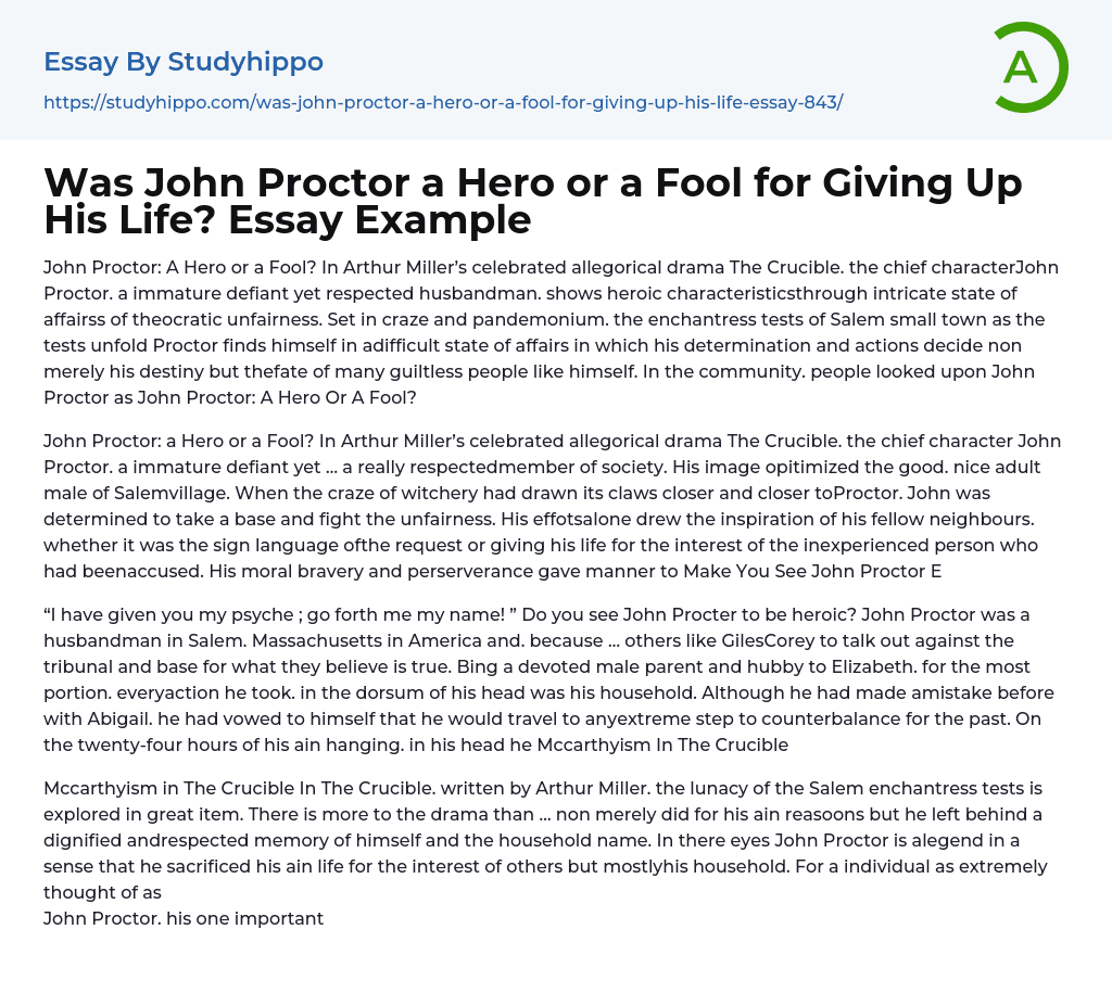 Was John Proctor a Hero or a Fool for Giving Up His Life? Essay Example