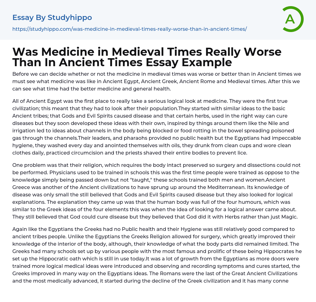 Was Medicine in Medieval Times Really Worse Than In Ancient Times Essay Example