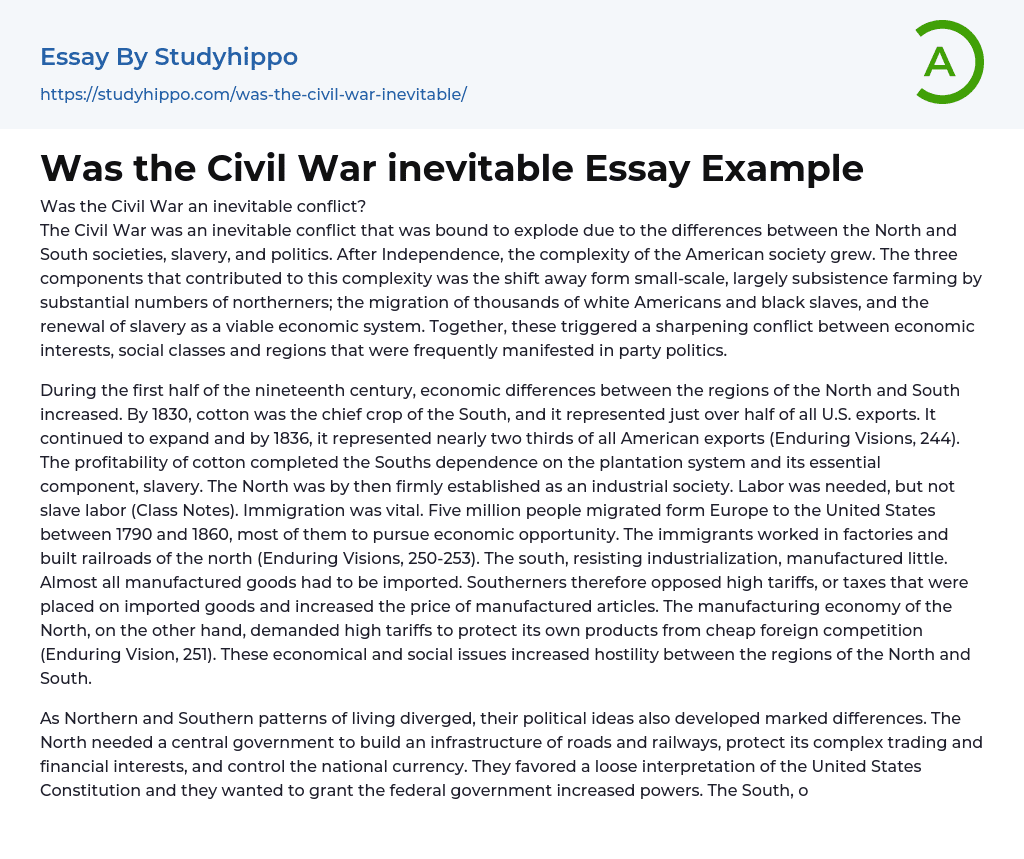 Was the Civil War inevitable Essay Example