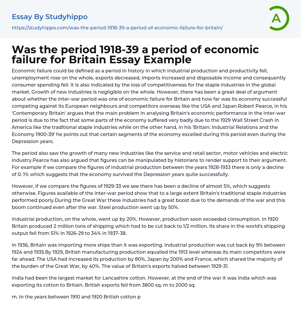 Was the period 1918-39 a period of economic failure for Britain Essay Example