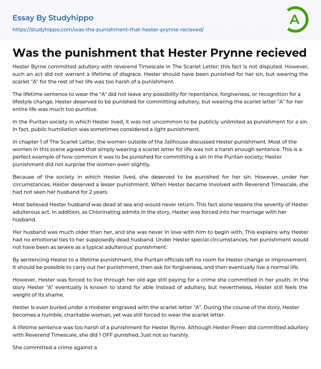 Was the punishment that Hester Prynne recieved Essay Example