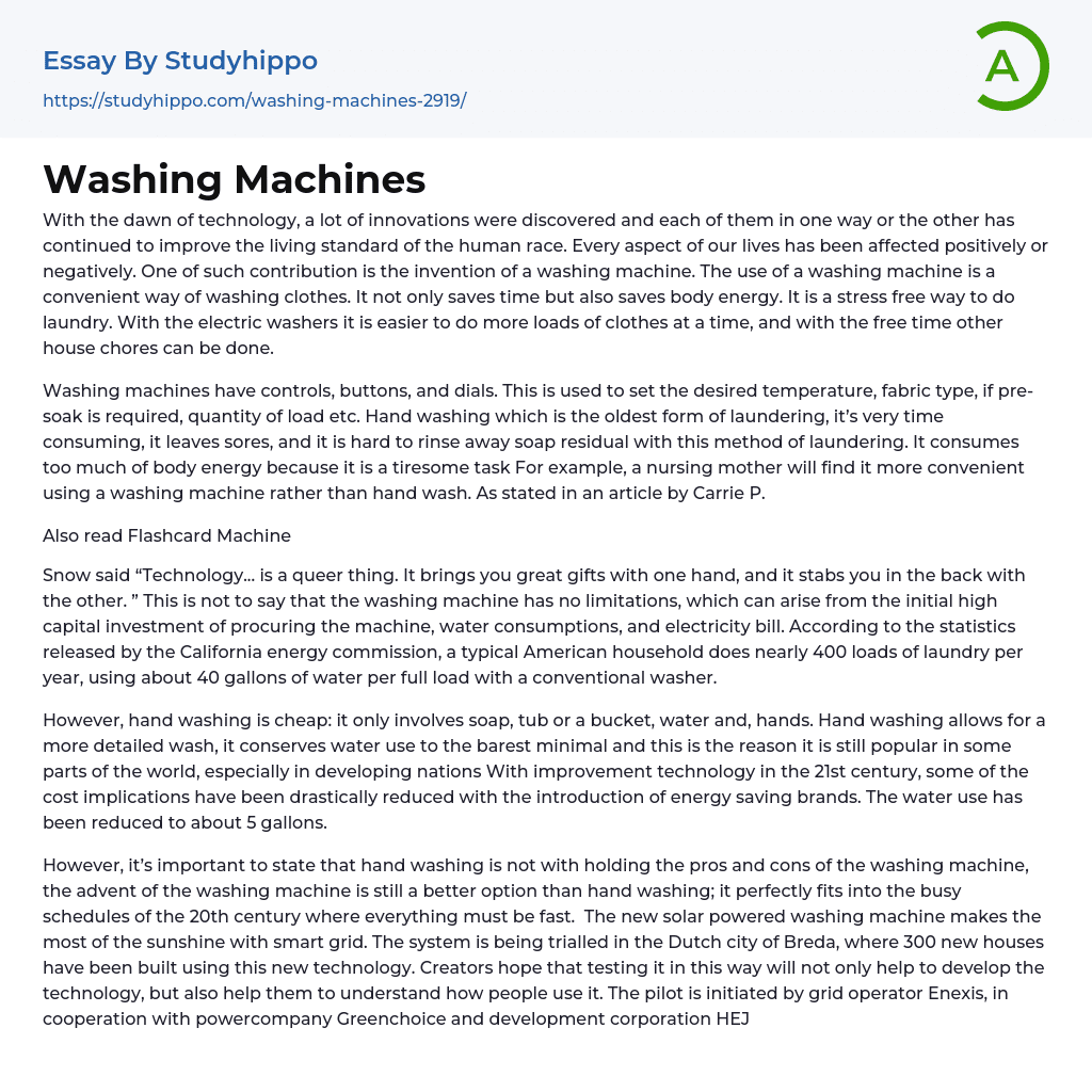 Washing Machines Essay Example