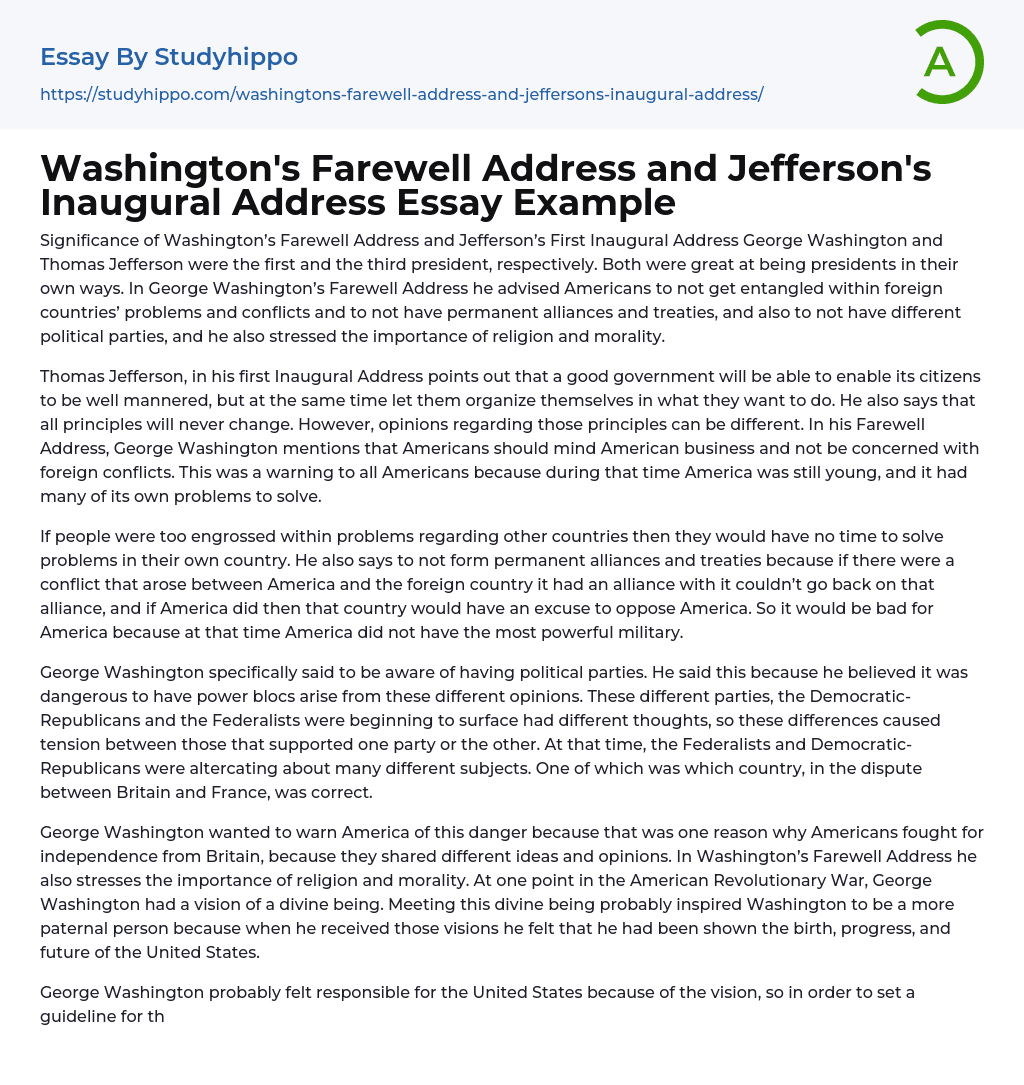 Washington’s Farewell Address and Jefferson’s Inaugural Address Essay Example