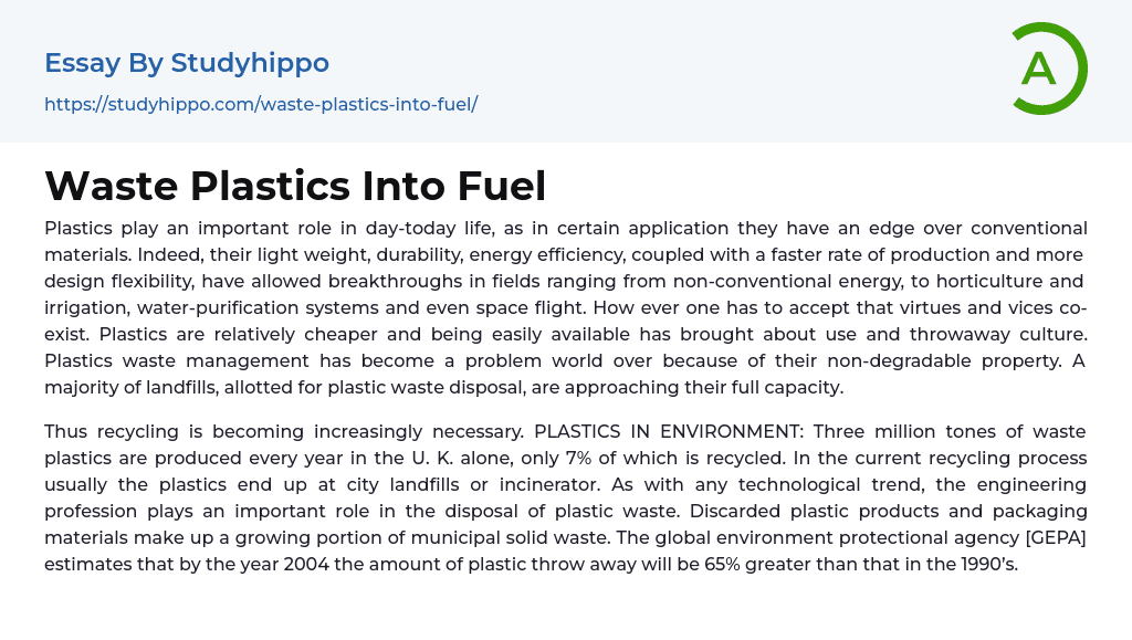 Waste Plastics Into Fuel Essay Example