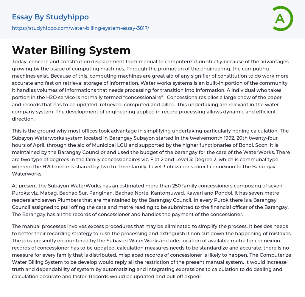 Water Billing System Essay Example