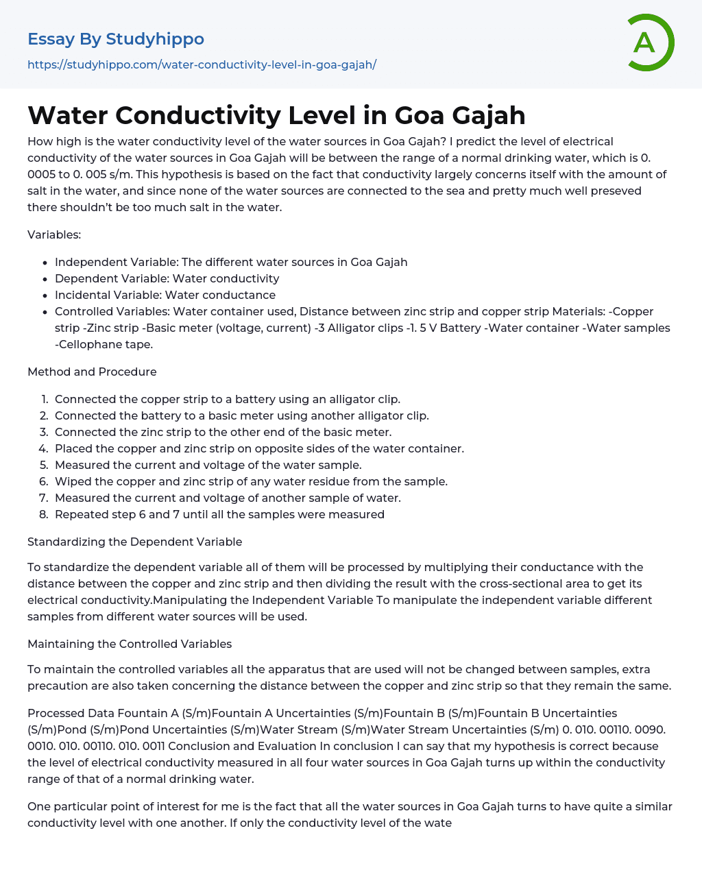Water Conductivity Level in Goa Gajah Essay Example