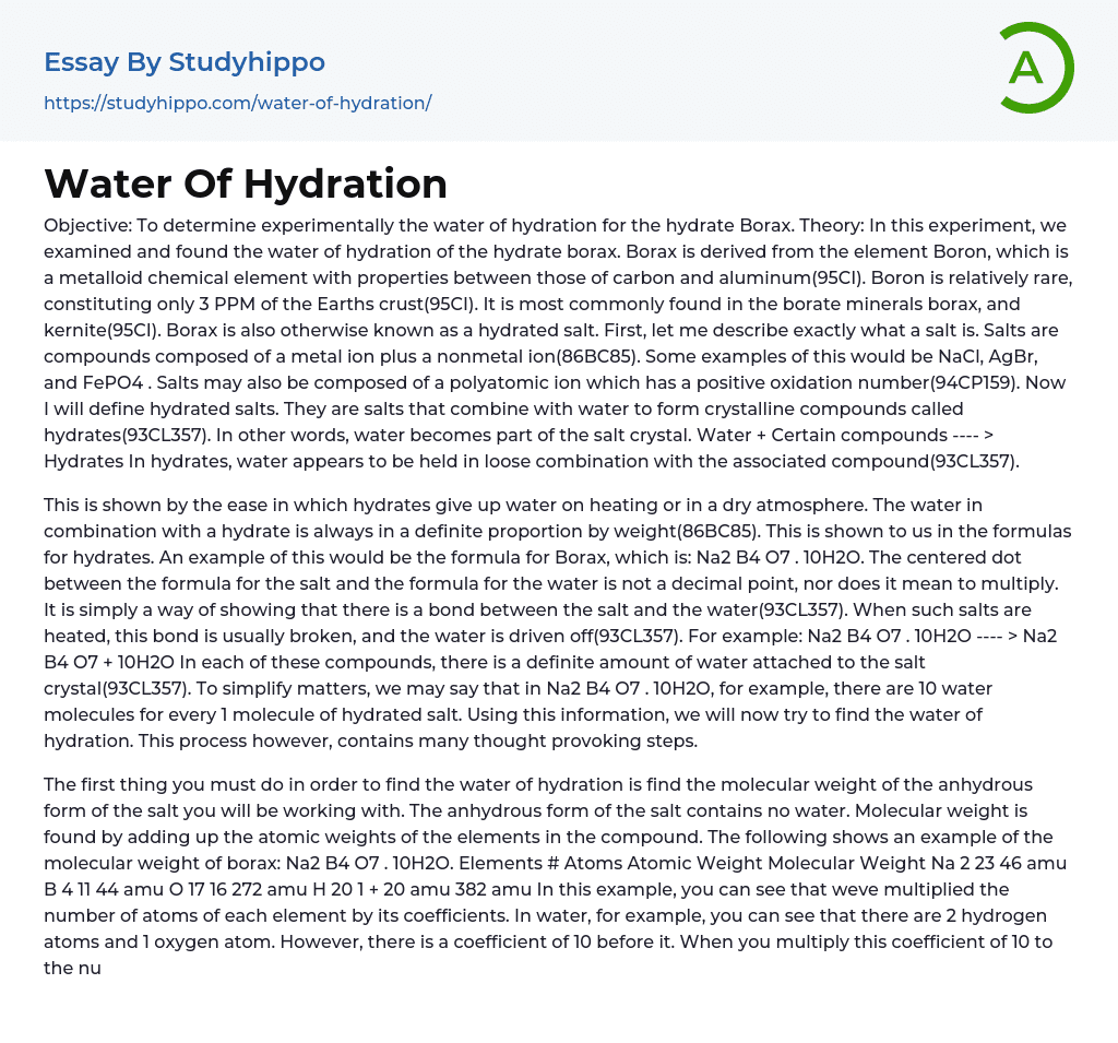 Water Of Hydration Essay Example