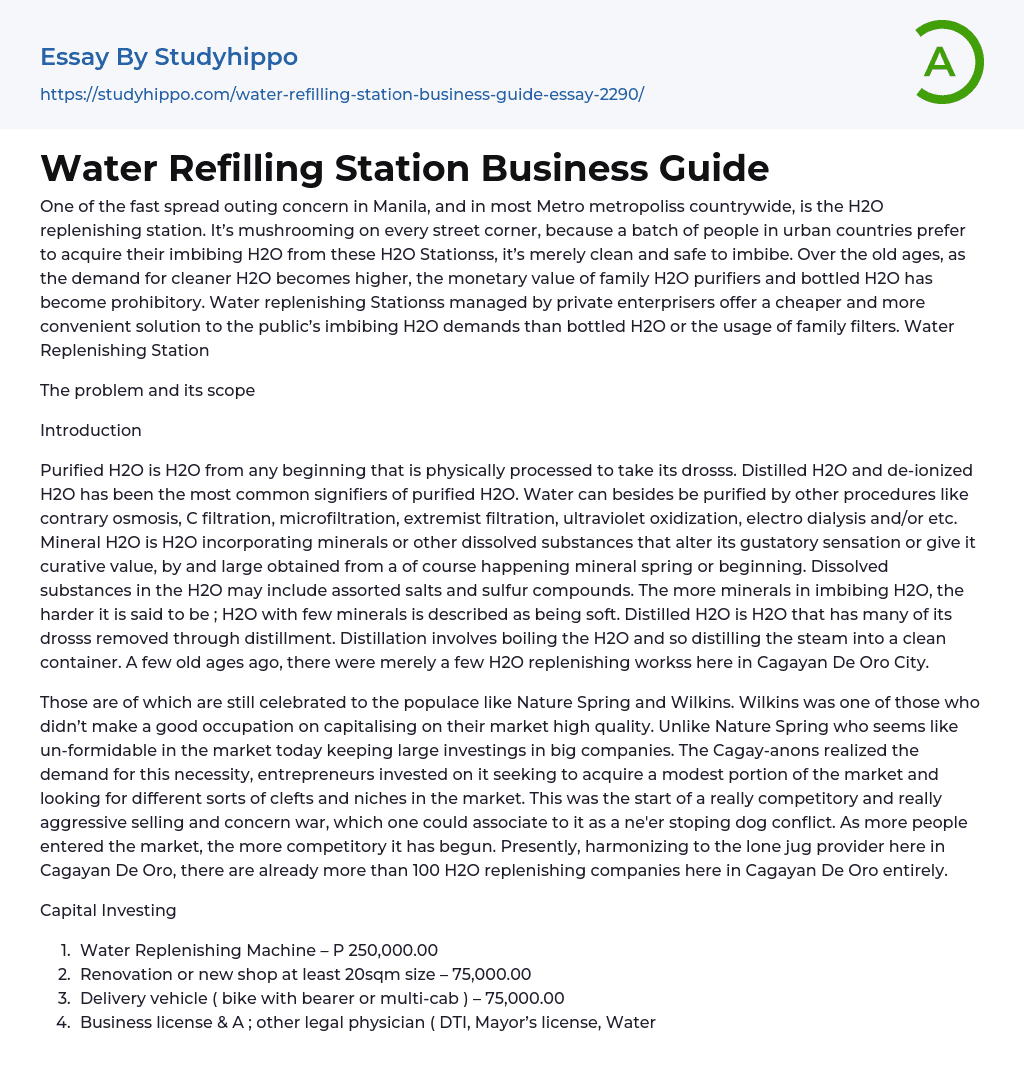 Water Refilling Station Business Guide Essay Example