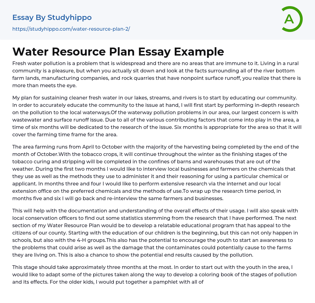 Water Resource Plan Essay Example