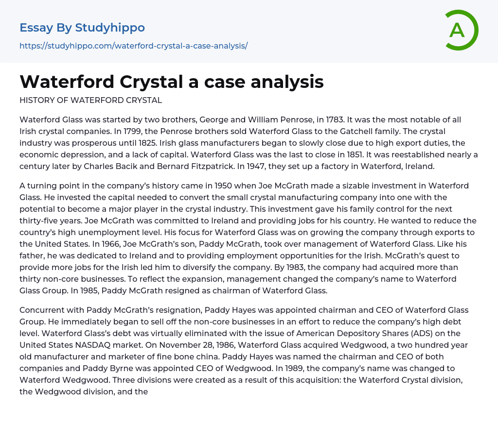 Waterford Crystal a case analysis Essay Example
