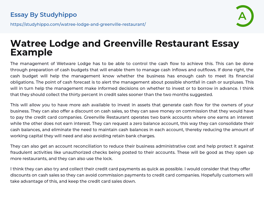 Watree Lodge and Greenville Restaurant Essay Example