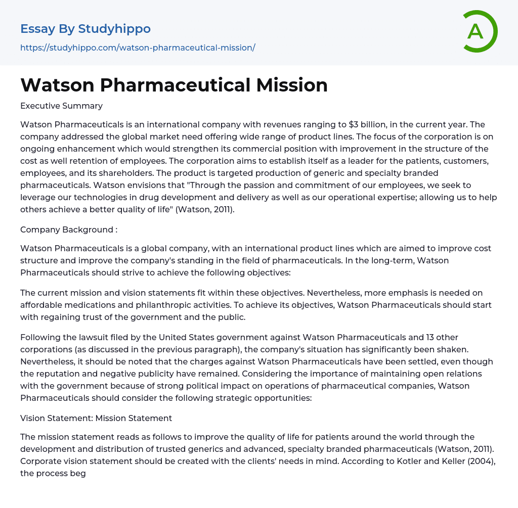 Watson Pharmaceutical Mission Essay Example