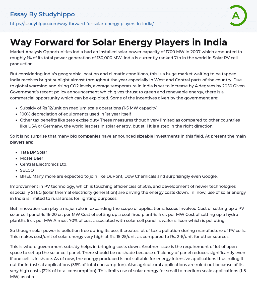 Way Forward for Solar Energy Players in India Essay Example