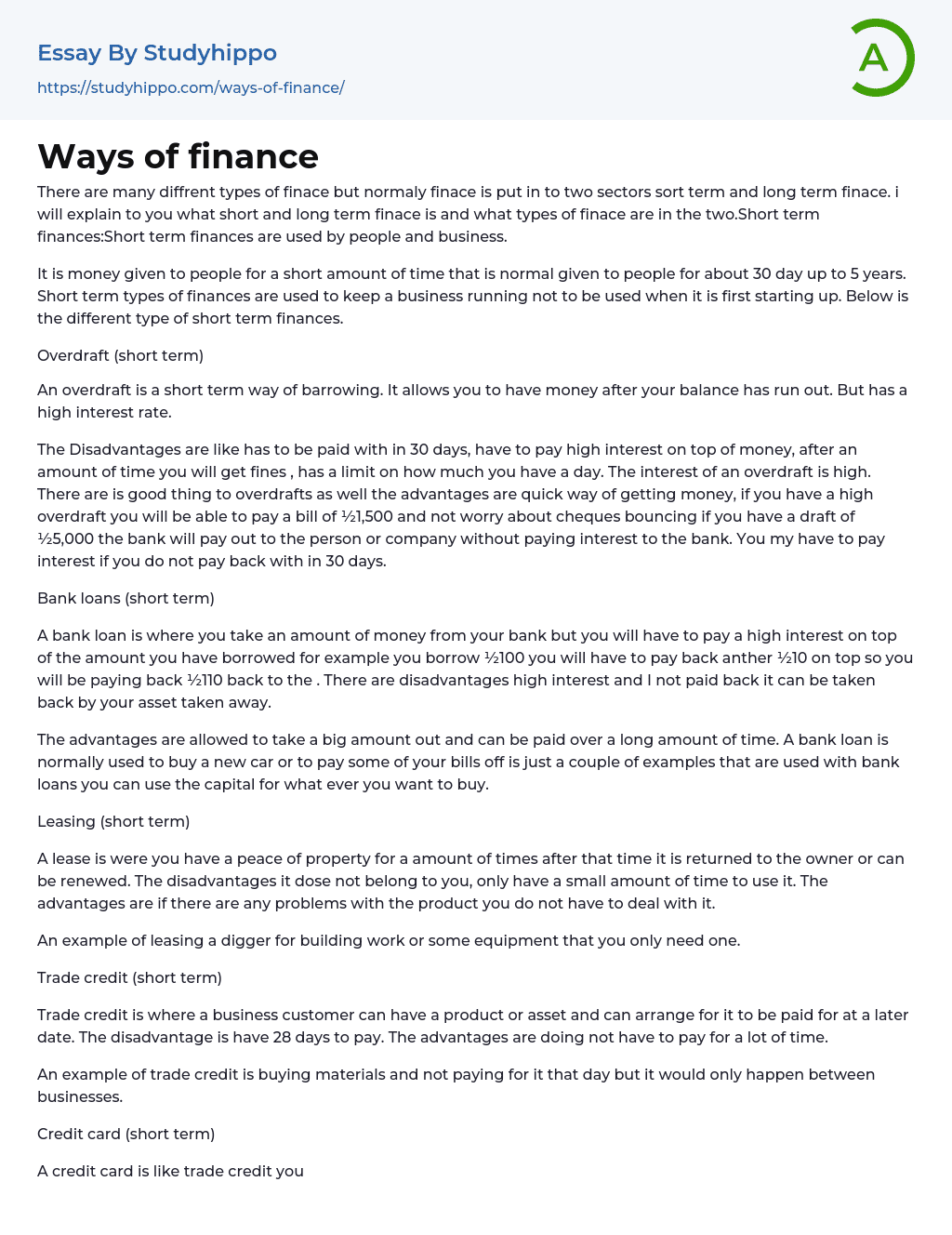 Ways of finance Essay Example