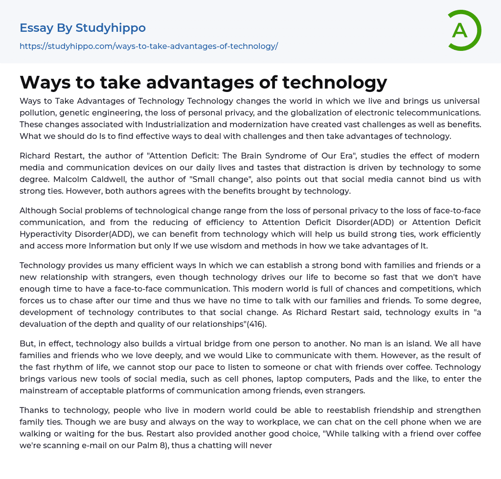 advantages of technology essay 100 words
