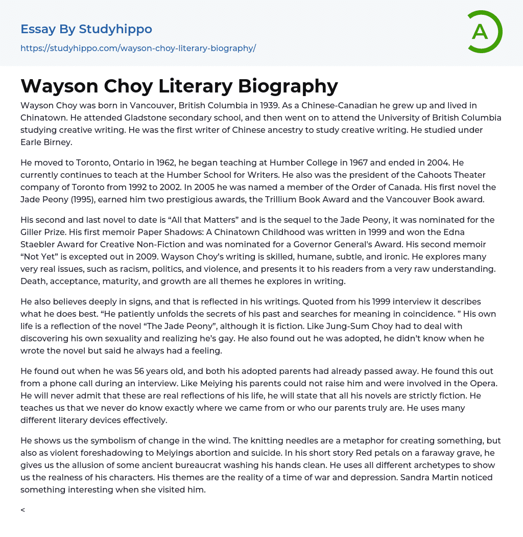Wayson Choy Literary Biography Essay Example